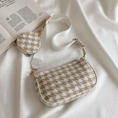 Vintage Plaid Shoulder Bags Set with Round Purse - Women's Casual Crossbody Bags