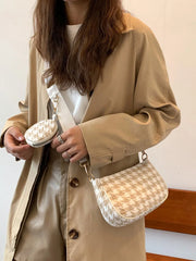 Vintage Plaid Shoulder Bag with Round Purse Pendant