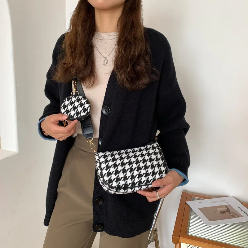 Vintage Plaid Shoulder Bags Set with Round Purse - Women's Casual Crossbody Bags