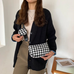 Vintage Plaid Shoulder Bags Set with Round Purse - Women's Casual Crossbody Bags