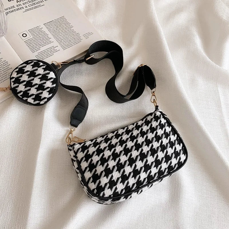 Vintage Plaid Shoulder Bags Set with Round Purse - Women's Casual Crossbody Bags