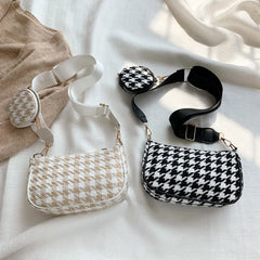 Vintage Plaid Shoulder Bag with Round Purse Pendant