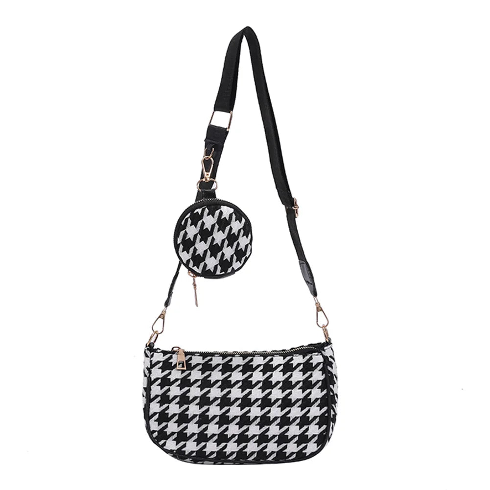 Vintage Plaid Shoulder Bag with Round Purse Pendant