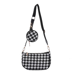 Vintage Plaid Shoulder Bag with Round Purse Pendant