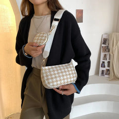 Vintage Plaid Shoulder Bags with Mini Round Pendant