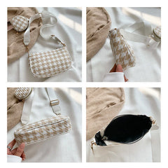 Vintage Plaid Printing Shoulder Bag Set with Mini Round Purse Pendant