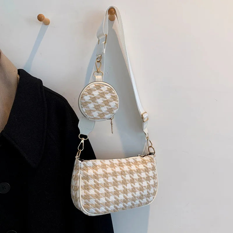 Vintage Plaid Shoulder Bag Round Purse Pendant