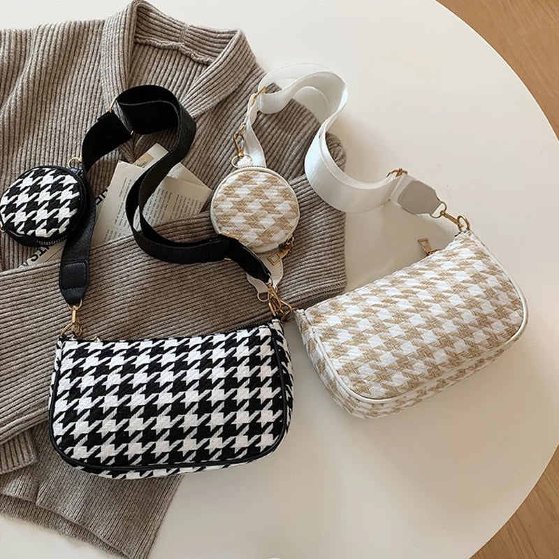 Vintage Plaid Shoulder Bags with Mini Round Pendant