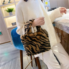 Female Winter Fluffy Warm Leopard Plush Tote Handbag
