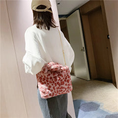Female Winter Fluffy Warm Leopard Plush Tote Handbag