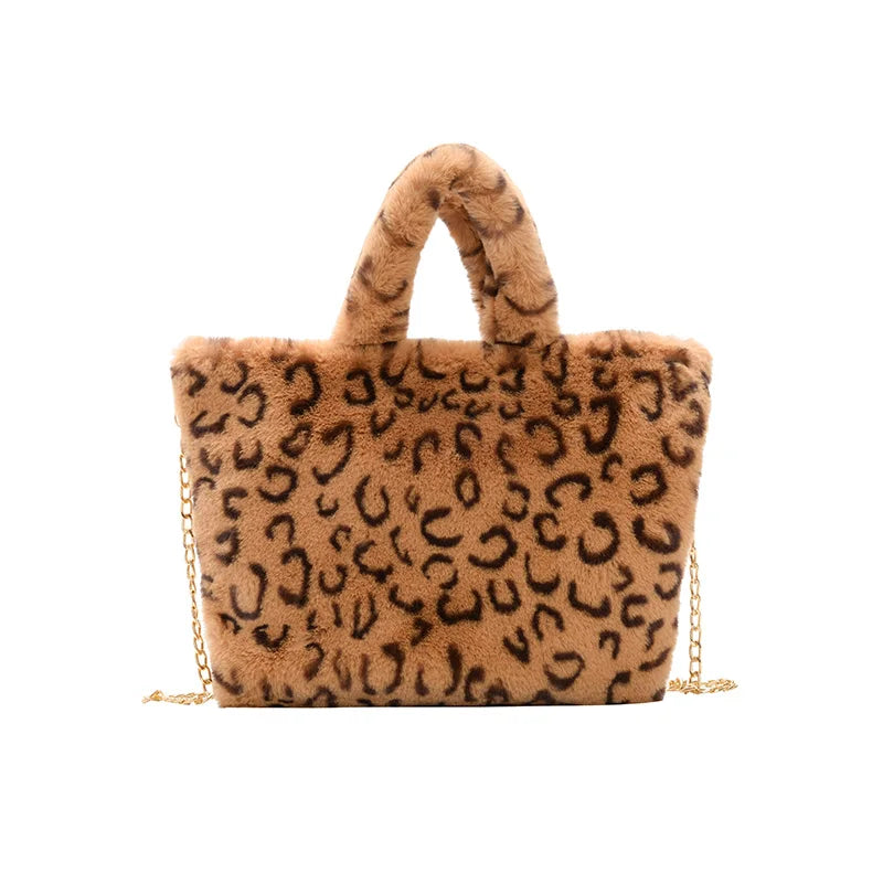 Female Winter Fluffy Warm Leopard Plush Tote Handbag