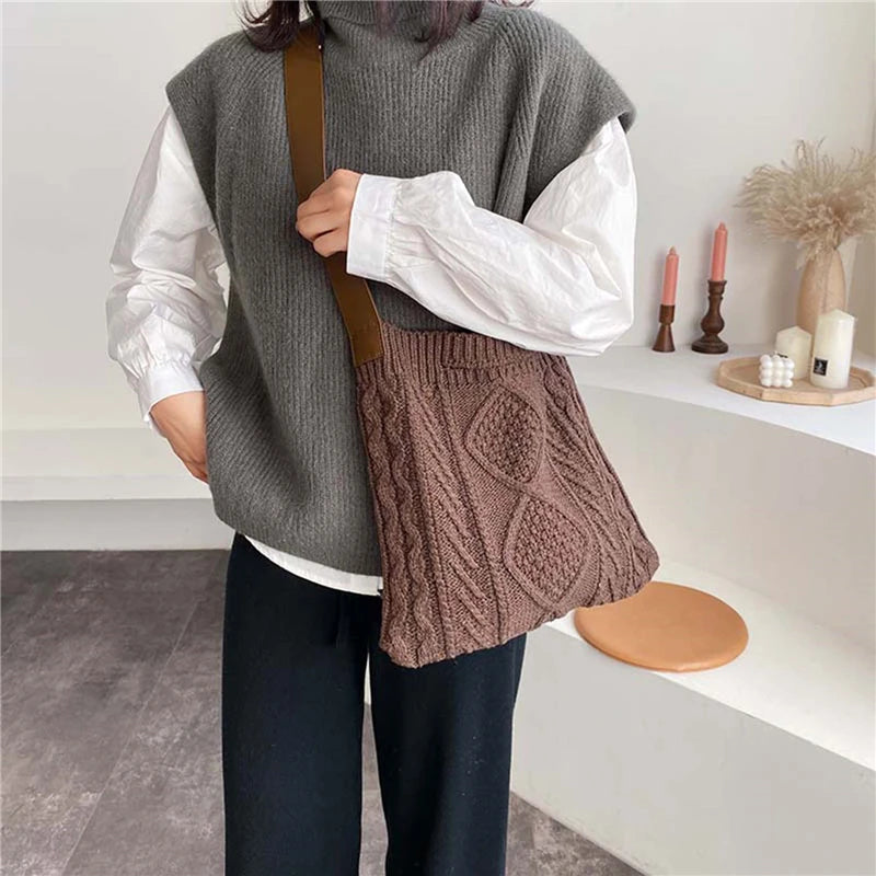 Female Woolen Knitted Braid Handbag Winter Retro Over Shoulder Bag