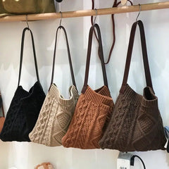 Female Woolen Knitted Braid Handbag Winter Retro Over Shoulder Bag