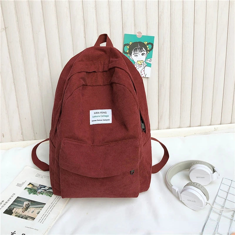 Female Corduroy School Bag Backpack Large Capacity