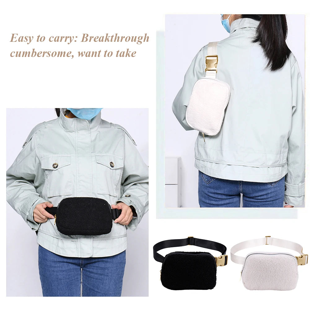 Plush Fleece Waist Bag Zipper Pocket Outdoor Sports Bag