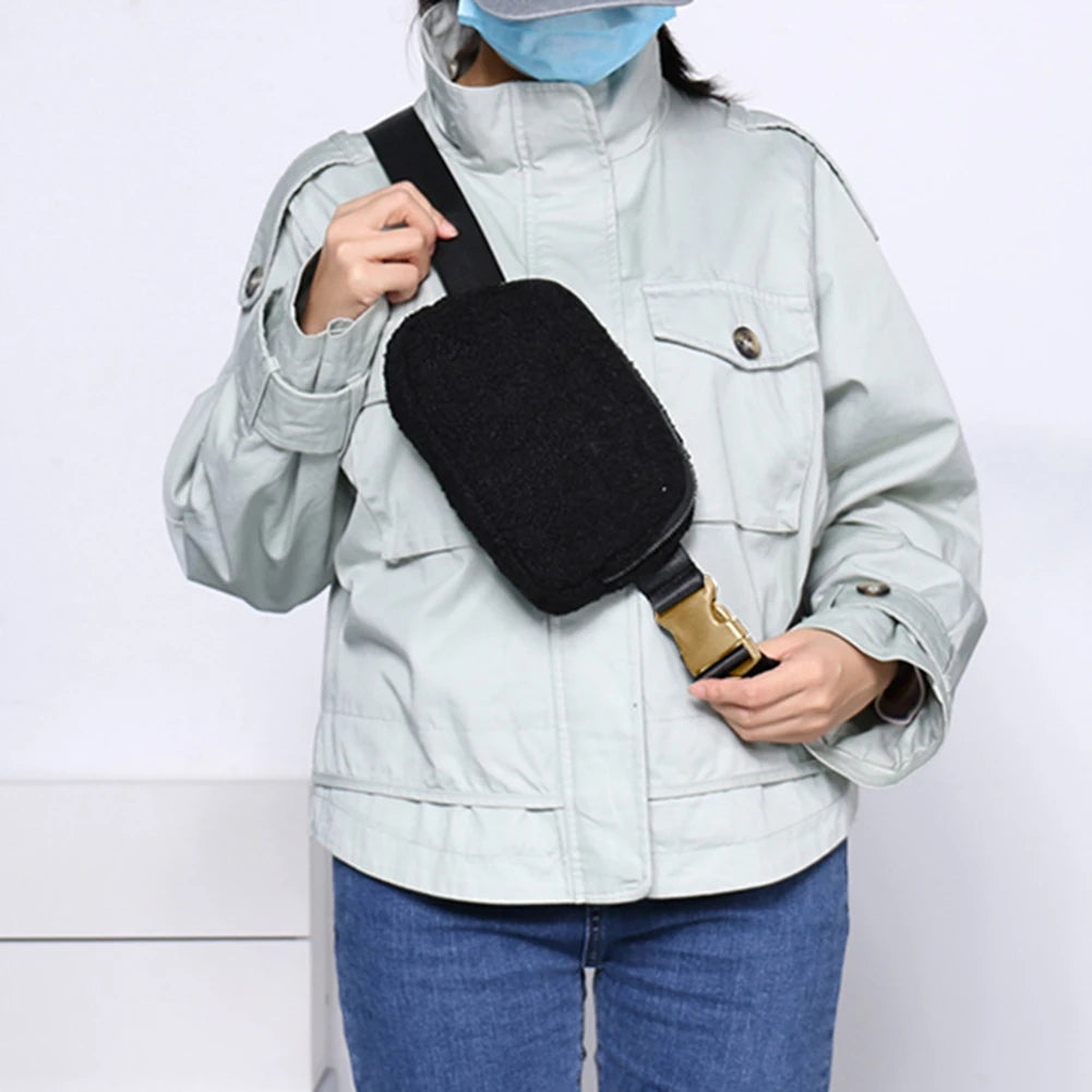Fleece Waist Belt Bag Zipper Pocket Women Bum Hip Bag Solid Adjustable Strap