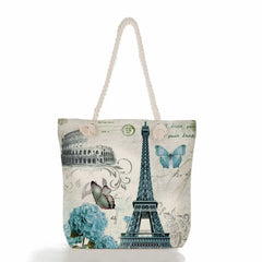 Floral Eiffel Tower Print Tote Bag Eco Friendly Handbags