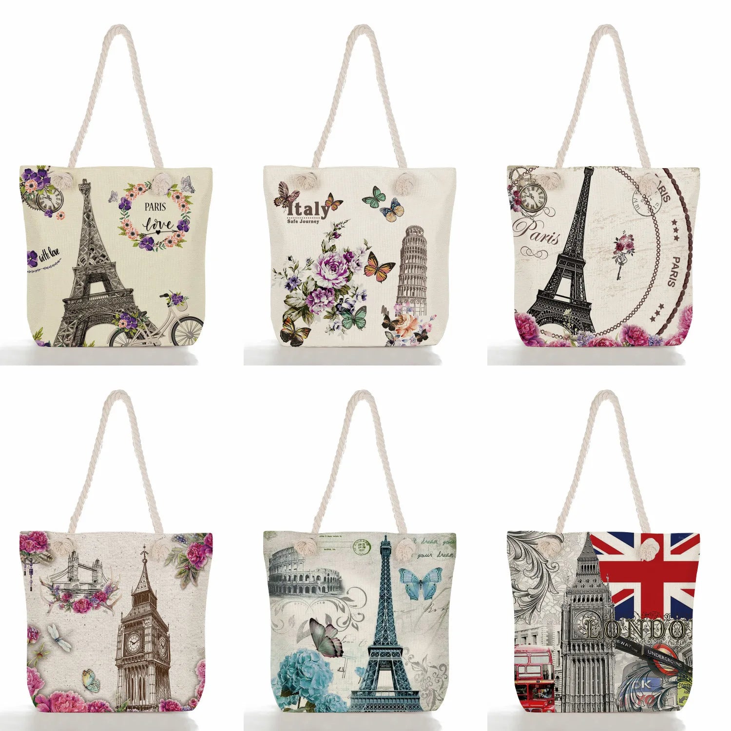 Floral Eiffel Tower Print Tote Bag Eco Friendly Handbags