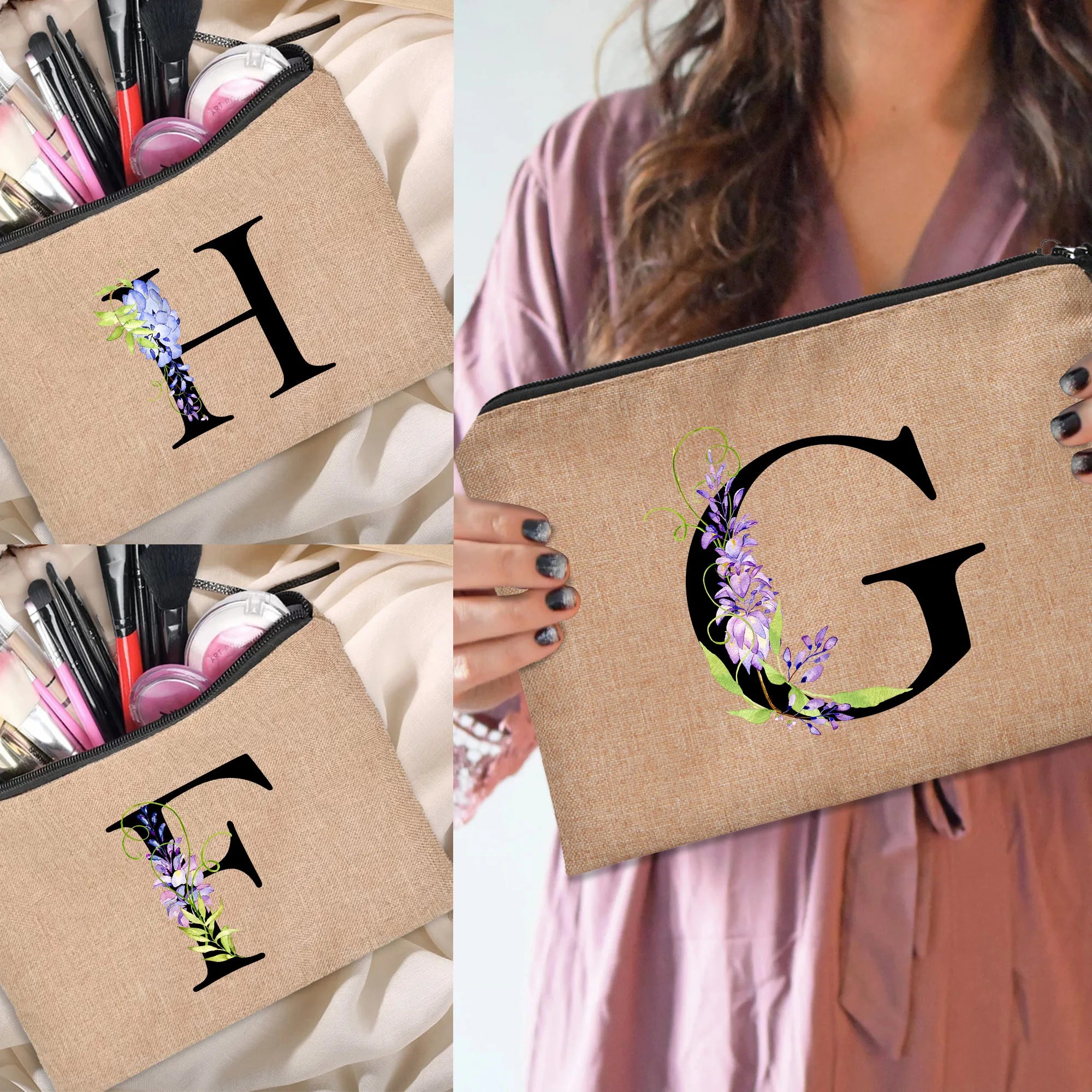 Floral Letter Print Women Cosmetic Bag - Bridesmaid Makeup Bag