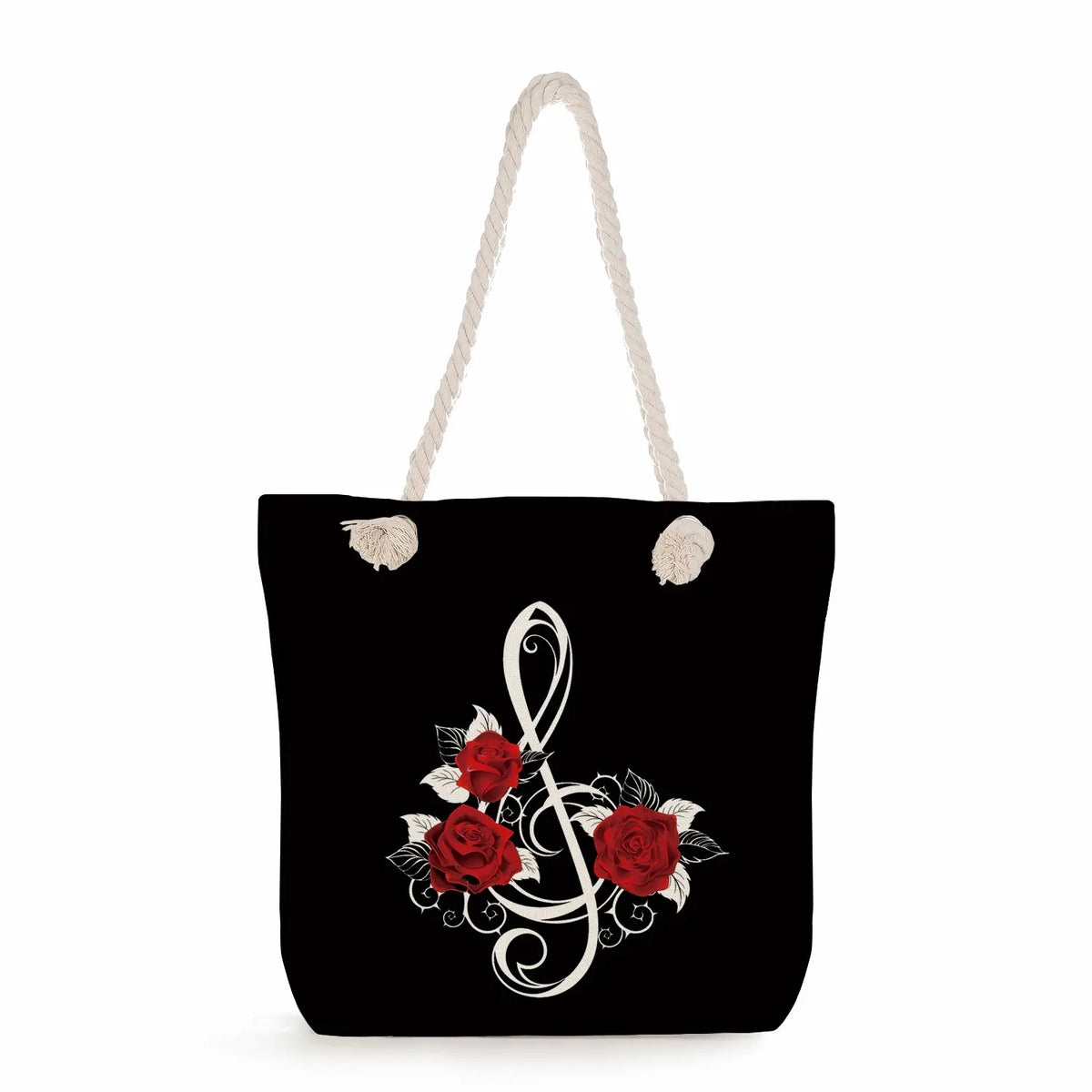 Floral Note Print Women Beach Bags Casual High Capacity Handbags Red Rose Tote B