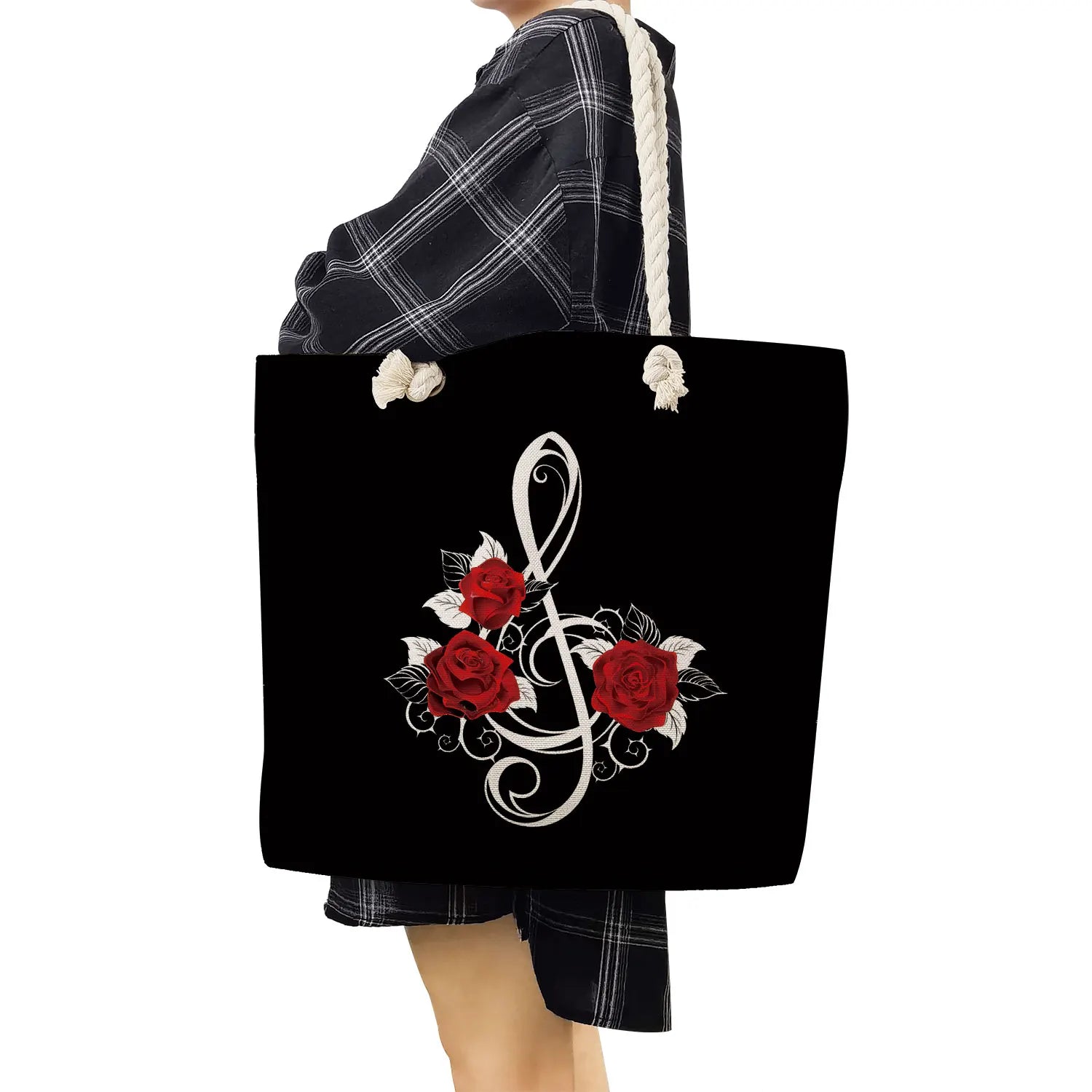 Floral Note Print Women Beach Bags Casual High Capacity Handbags Red Rose Tote B