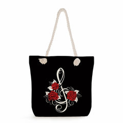 Floral Note Print Women Beach Bags Casual High Capacity Handbags Red Rose Tote B