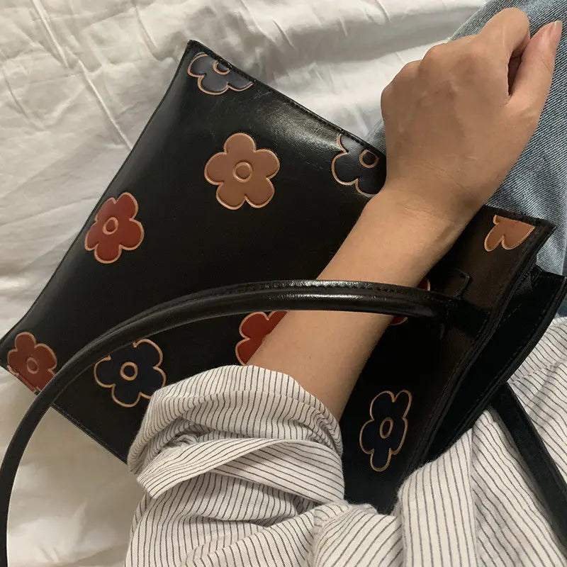 Floral PU Leather Shoulder Bag Retro Vintage Handbag for Women