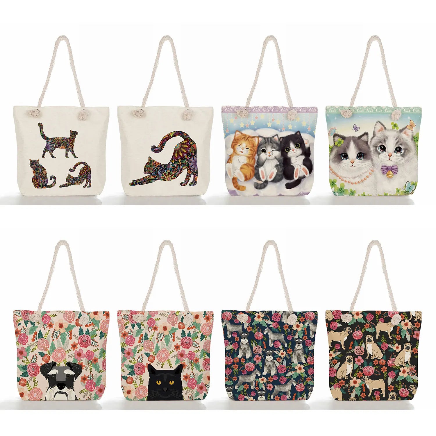 Floral Pet Print Tote Bag Women Handbag Reusable Shopping Bag Large