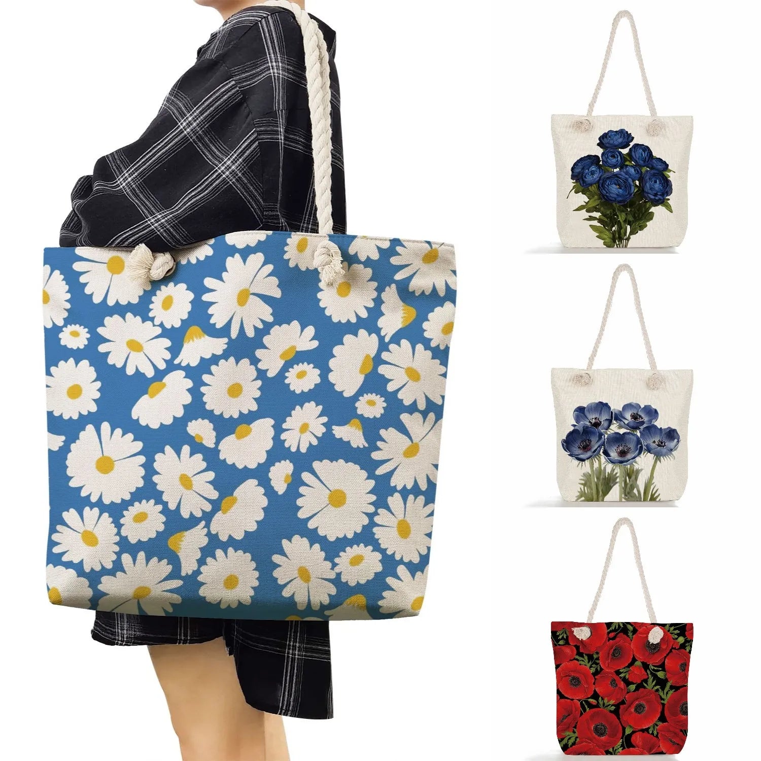 Floral Print Linen Tote Bag Plant Shoulder Eco Shopping Beach Bag