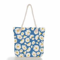 Floral Print Linen Tote Bag Plant Shoulder Eco Shopping Beach Bag