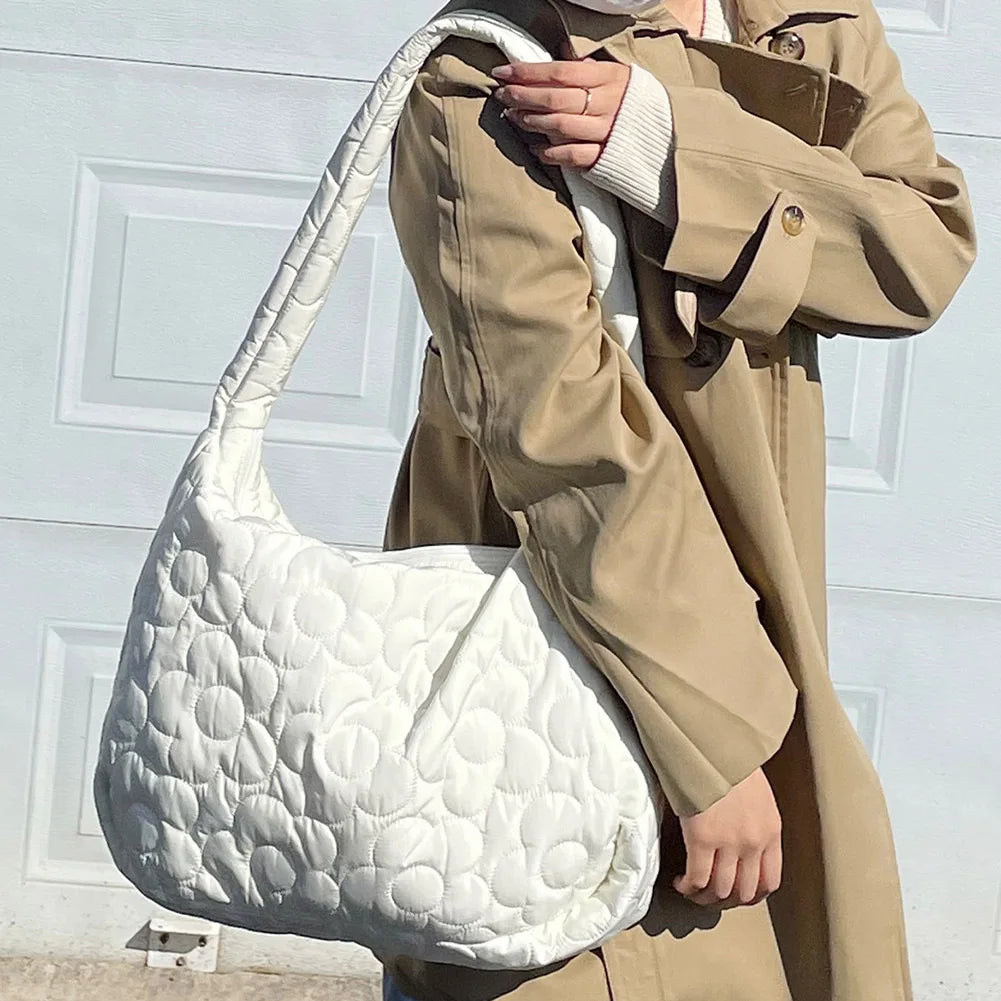 Floral Quilted Bag Large Capacity Travel Crossbody Women Feather Padded Shopper