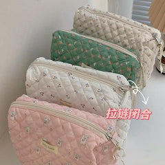 Floral Quilted Makeup Bag Cotton Zipper Beauty Pouch