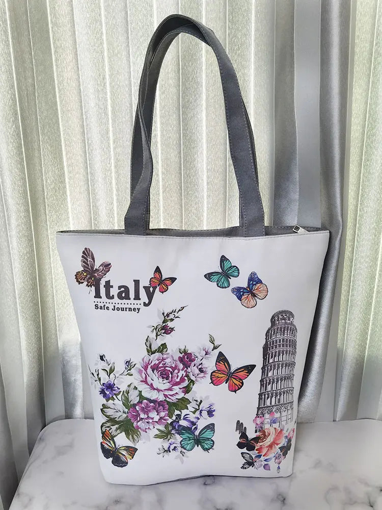 Flower Butterfly Printed Shoulder Bag Large Women's Tote Bag