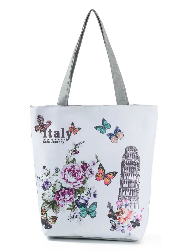 Flower Butterfly Printed Shoulder Bag Large Women's Tote Bag