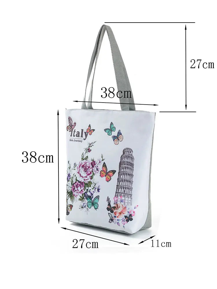 Flower Butterfly Printed Shoulder Bag Large Women's Tote Bag