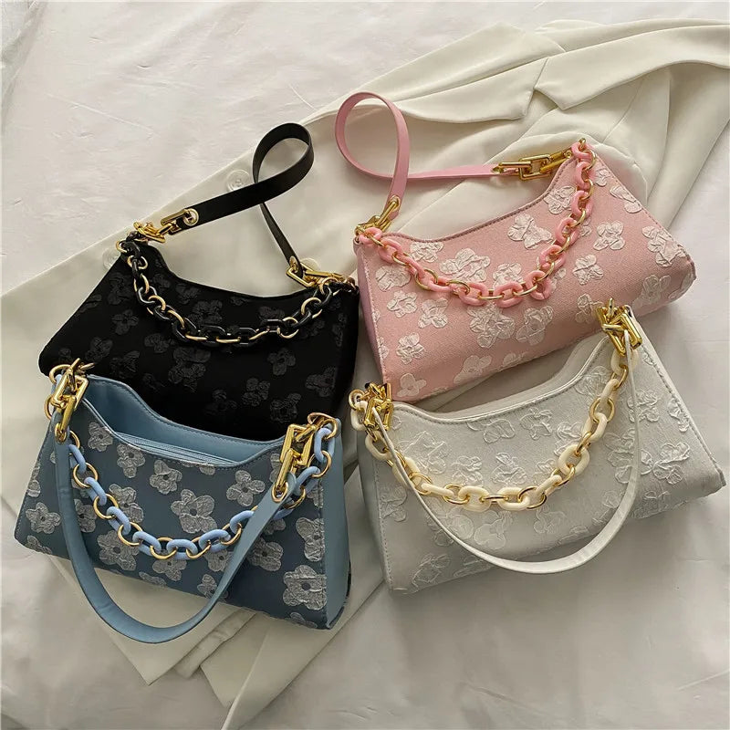 Flower Shoulder Purse Women Jacquard Underarm Bag Ladies Chain Top-handle Clutch