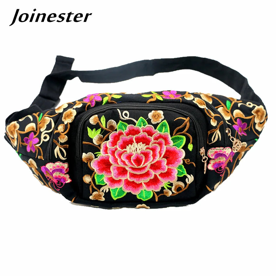 Flower Embroidered Ethnic Waist Bag for Women