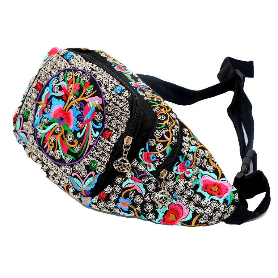 Flower Embroidered Ethnic Waist Bag for Women