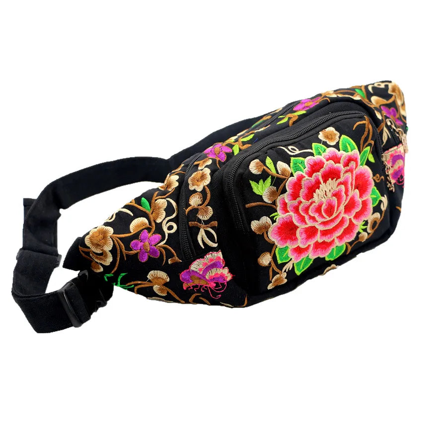 Flower Embroidered Ethnic Waist Bag for Women