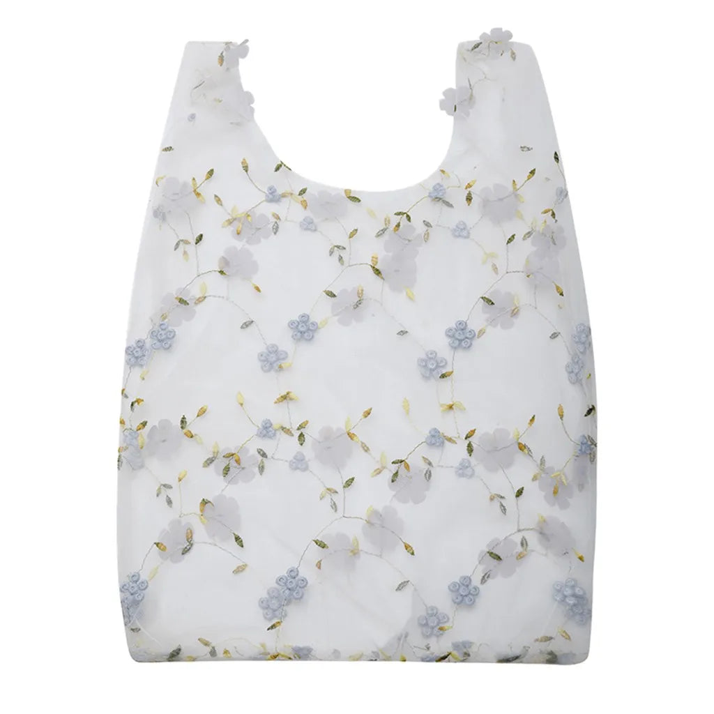 Flower Embroidery Women Handbag Transparent Organza Casual Tote Shoulder Bag