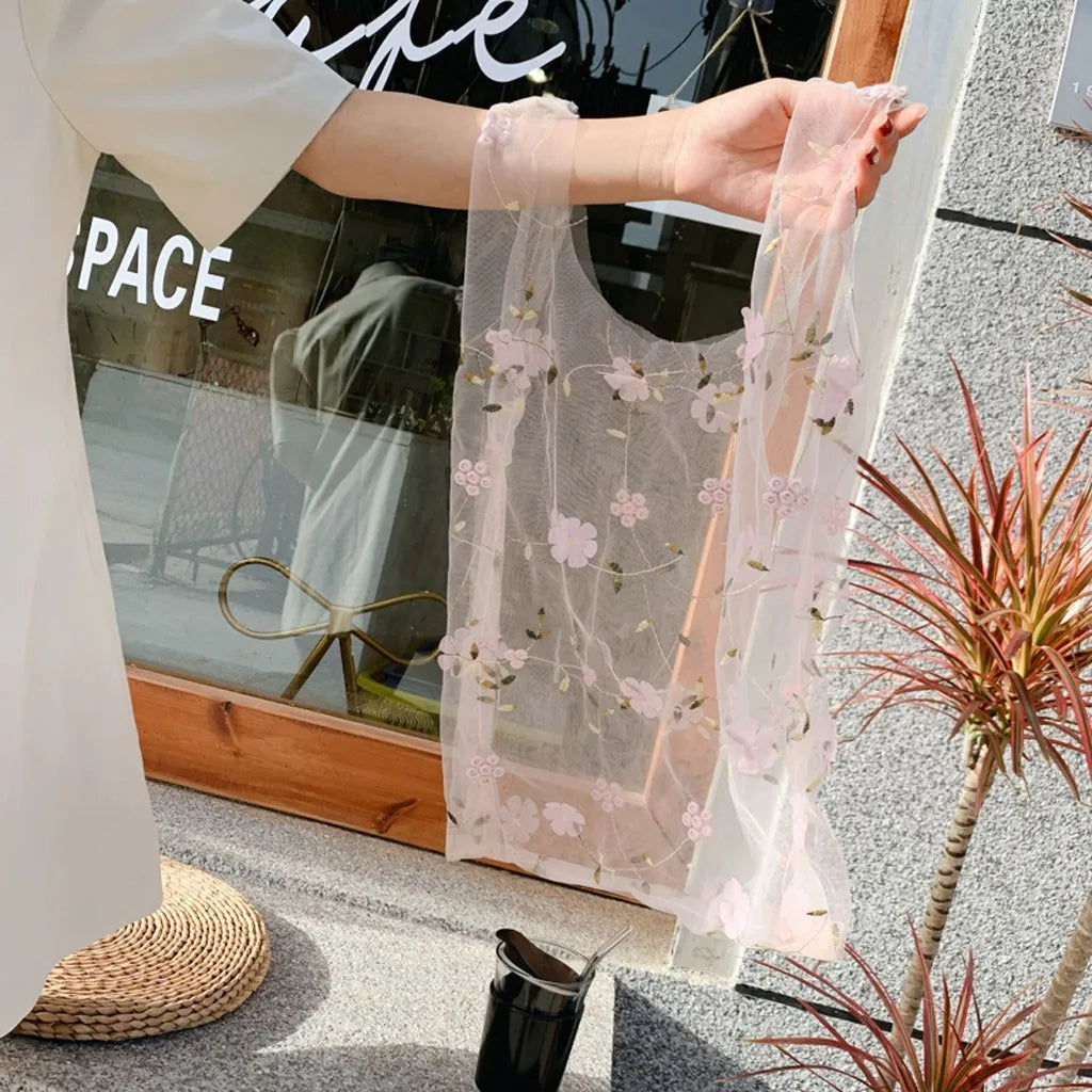 Flower Embroidery Women Handbag Transparent Organza Casual Tote Shoulder Bag