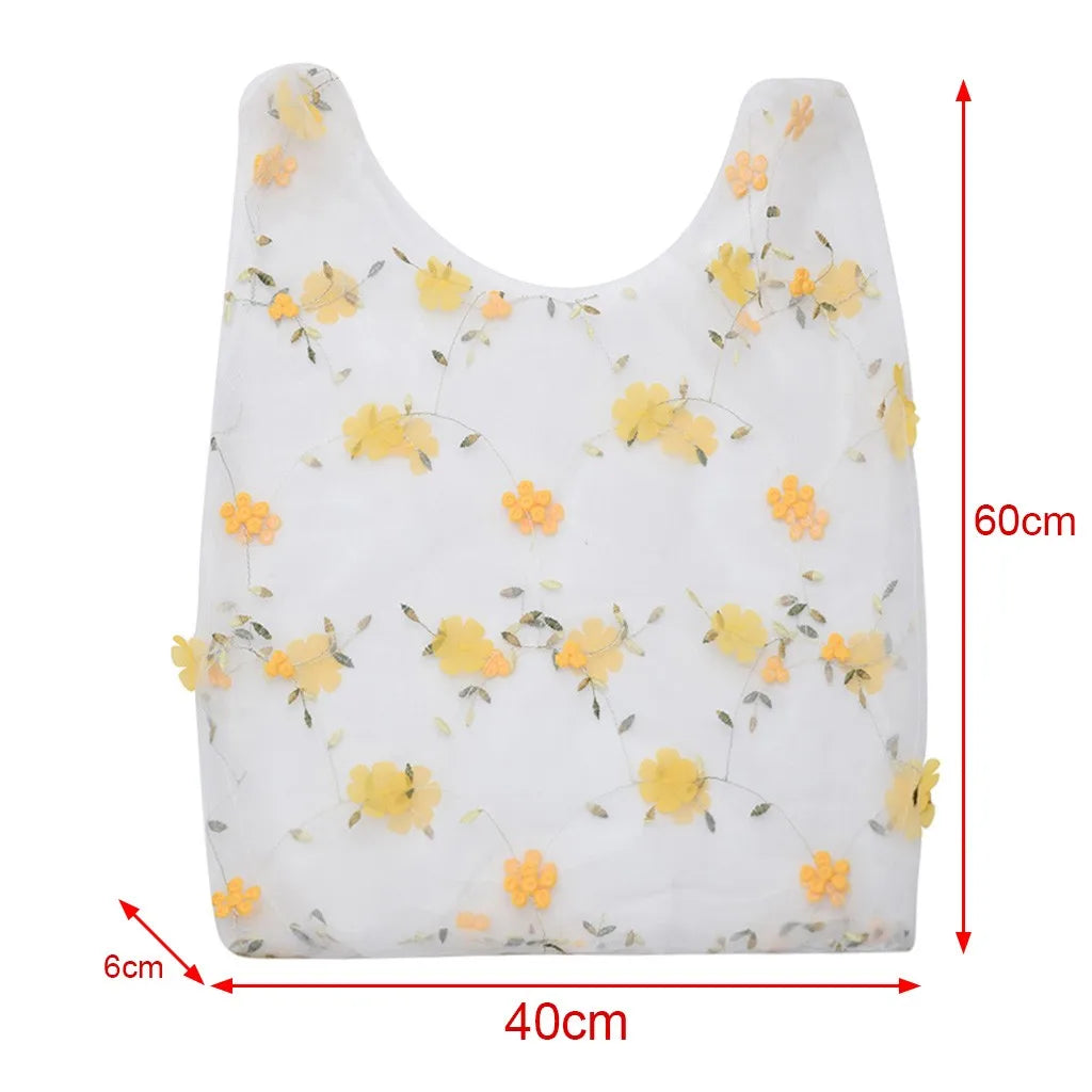 Flower Embroidery Women Handbag Transparent Organza Casual Tote Shoulder Bag