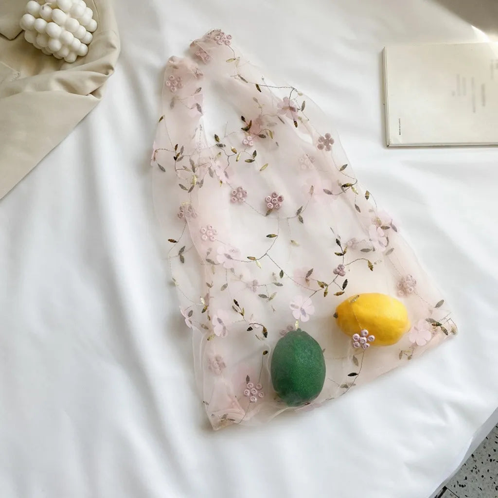 Flower Embroidery Women Handbag Transparent Organza Casual Tote Shoulder Bag