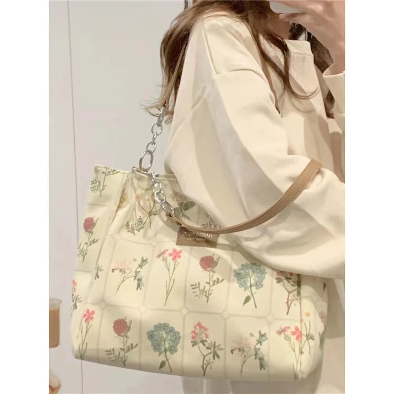 Flower Pattern Canvas Shoulder Bag Large Capacity Female Tote Handbag