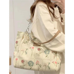 Flower Pattern Canvas Shoulder Bag Large Capacity Female Tote Handbag