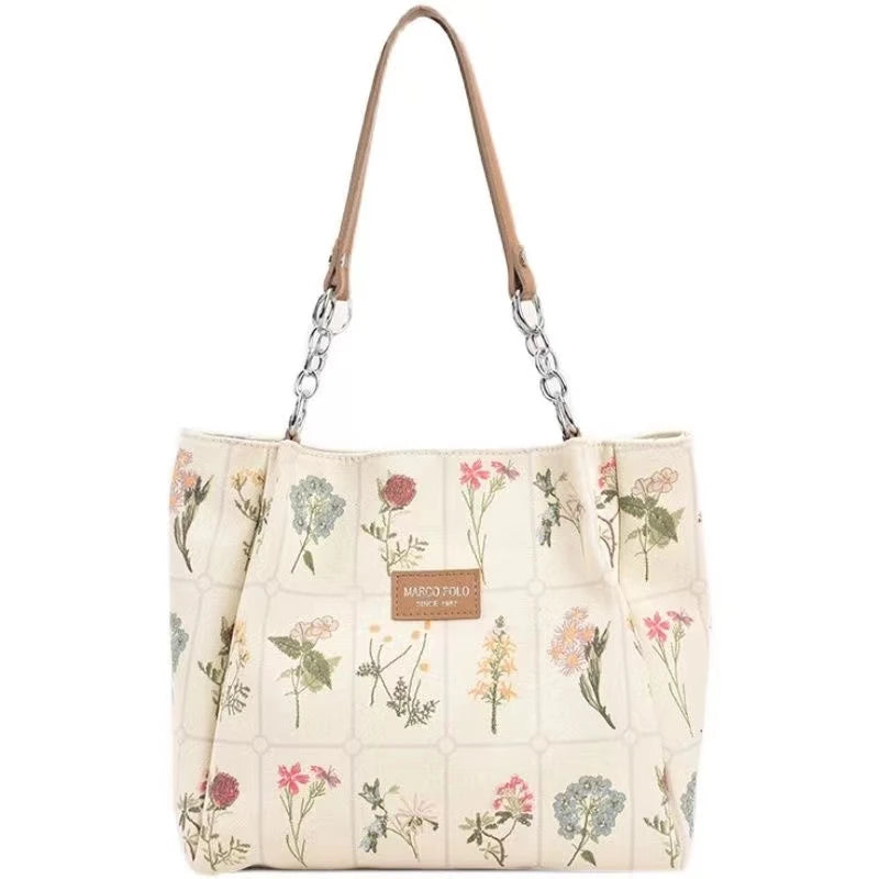 Flower Pattern Canvas Shoulder Bag Large Capacity Female Tote Handbag