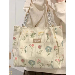 Flower Pattern Canvas Shoulder Bag Large Capacity Female Tote Handbag
