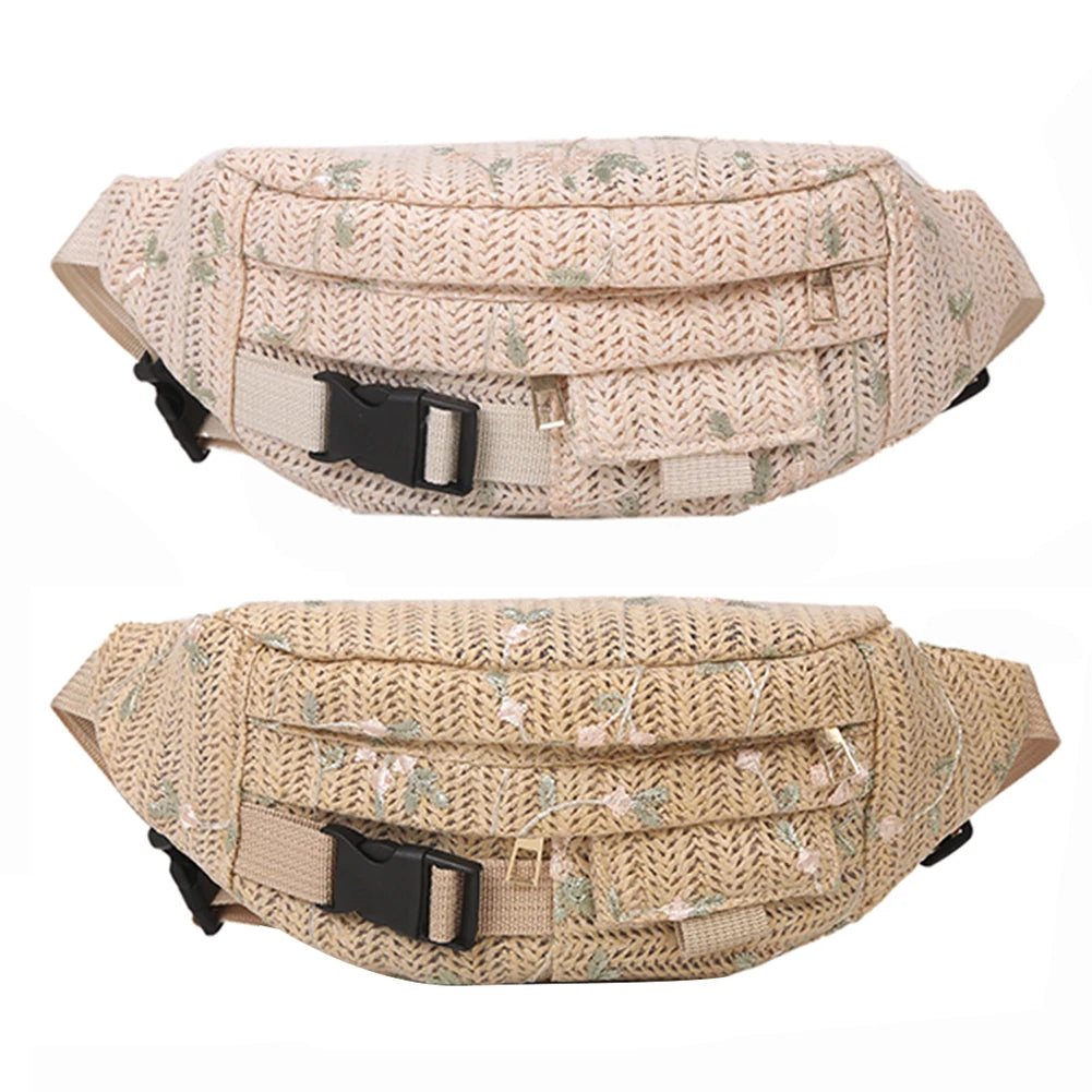 Woven Flower Waist Bag for Women Summer Travel Fanny Pack