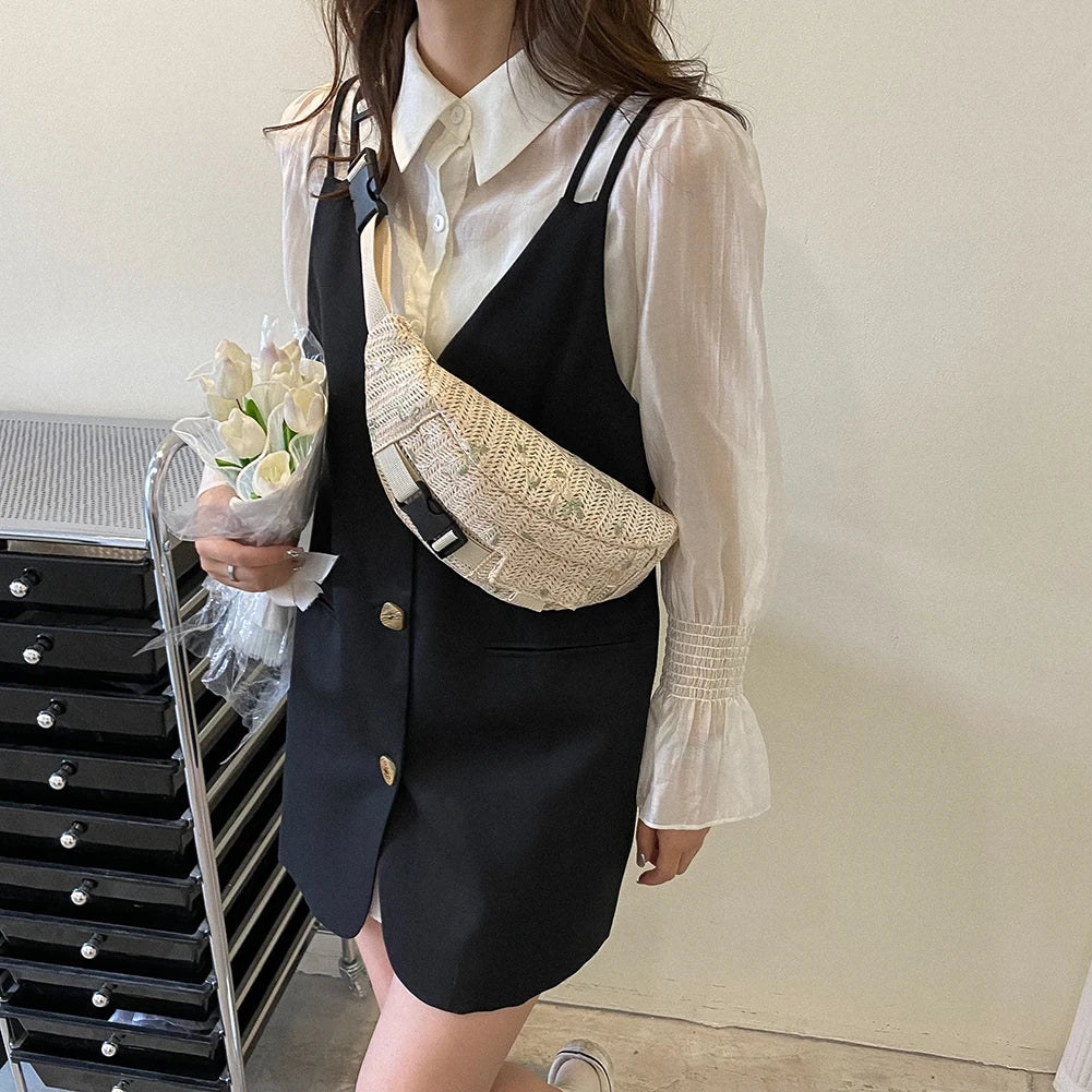 Woven Flower Waist Bag for Women Summer Travel Fanny Pack