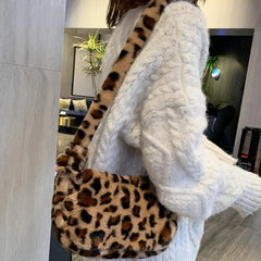 Leopard Print Crossbody Bag Women Soft Plush Handbag